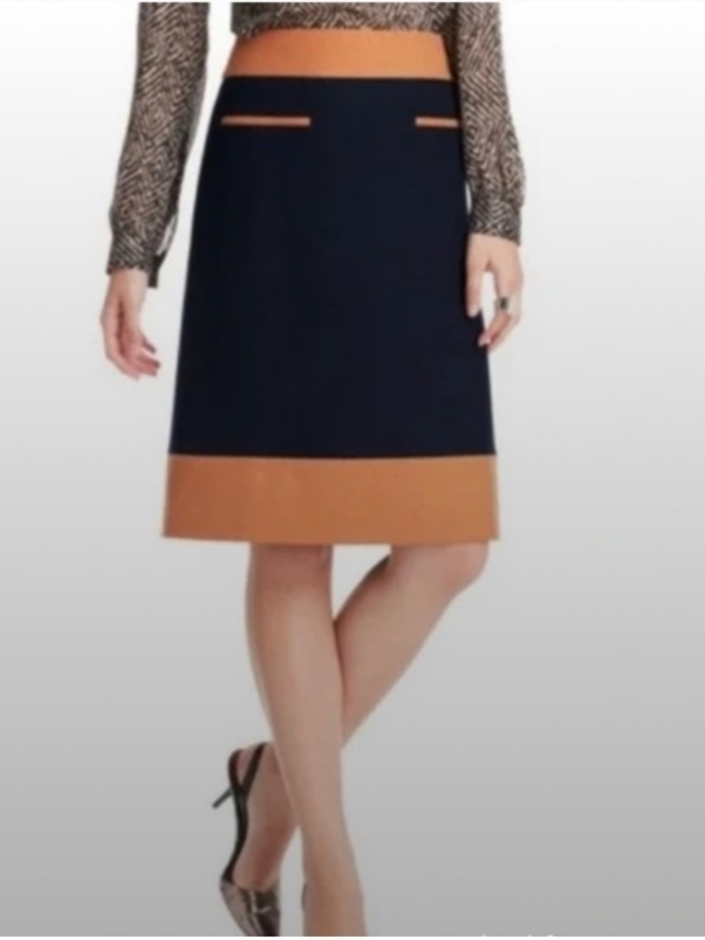 LOFT Colorblock Navy & Camel Knit Pencil Skirt Sz 14 EUC Workwear Career Woman